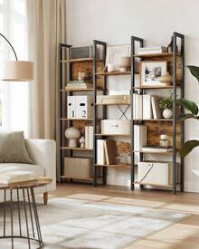 Librería, Estantería de Almacenamiento, con 14 Estantes, Marco de Metal, para Sala de Estar, Estudio, Oficina, Estilo Industrial, 24 x 128 x 166 cm, Marrón Rústico y Negro Tinta - Marrón y negro - Ver 1