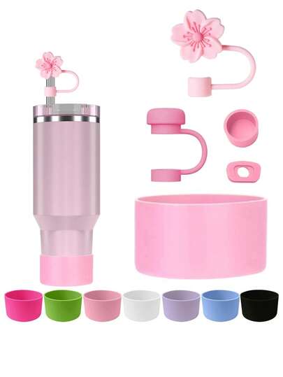 5 piezas Tapa de pajita rosa compatible con accesorios de la taza (2 tapas superiores de pajita + 1 tapa protectora inferior PARA 40 OZ + tapa de pajita) Tapa de pajita simple, conveniente, reutilizable de silicona para taza, tapa antiespray y antipolvo para pajita, tapa de pajita con diseño de flor de dibujos animados, rosa, azul, morado, amarillo, verde, negro, blanco