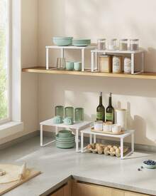 Estante para Especias, Juego de 2, Organizador de Armario, Estante de Almacenamiento de Cocina Extensible, Especiero de Metal y Madera de Ingeniería, Blanco Nieve y Blanco - Blanco - Ver 1