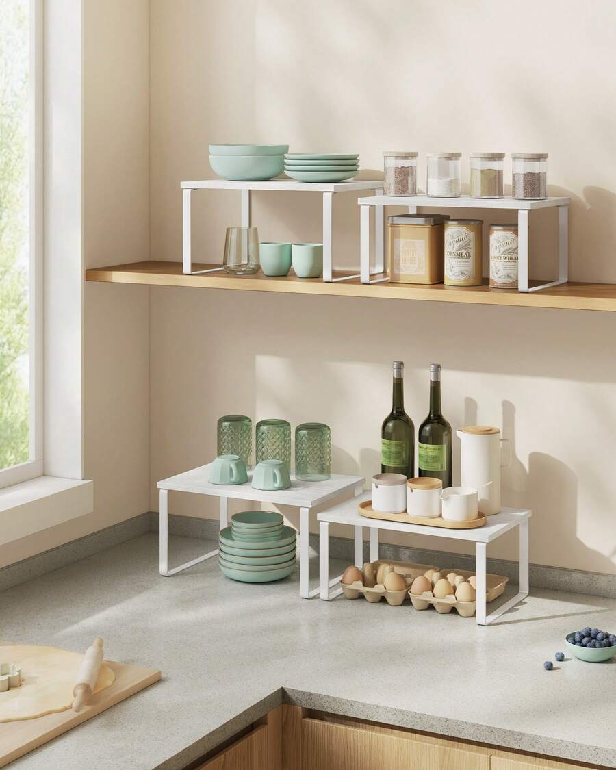 Estante para Especias, Juego de 2, Organizador de Armario, Estante de Almacenamiento de Cocina Extensible, Especiero de Metal y Madera de Ingeniería, Blanco Nieve y Blanco - Blanco - Ver 1