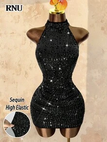 RNU 彩色亮片露背弹力性感紧身连衣裙，适合约会、狂欢派对、夜店、街头、情人节、新年生日等场合，春夏秋冬皆宜。 - 黑色 - 查看 6