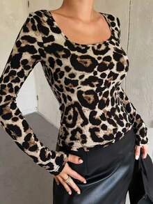 Women's Autumn New Leopard Print Scoop Neck Fitted Long Sleeve T-Shirt, All-Over Leopard Print, Polyester, Suitable For Casual, Vacation, Evening, Beach Wear In Autumn/Winter