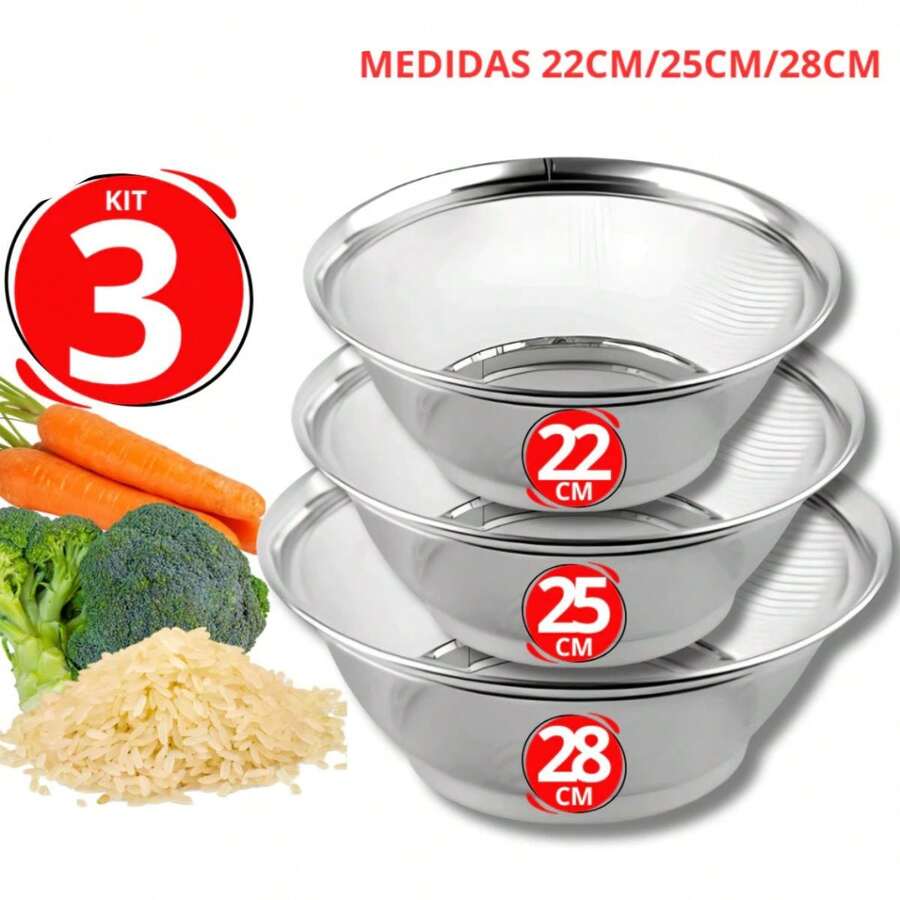 Kit Set Of 3 Stainless Steel Drainer Baskets 22 25 28CM Resistant Washes Food Rice Vegetables Fruits Pasta - 1個25公分籃子 - 查看 1