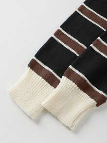 FOR BEAUTY 女士秋冬撞色条纹长袖针织 Polo 衫，时尚、温柔、简约、百搭、休闲舒适，适合日常通勤，舒适百搭，新年上衣黑色 - 黑色 - 查看 9