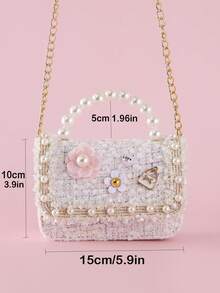 1pc Children's Pearl Flower Letter Alloy Sticker Decor Beaded Lace PU Felt Material Flap Closure Metal Chain Cute Beaded Handbag, Girls Sweet Princess Crossbody Bag, Snack & Coin Purse, Suitable For Christmas And Daily Use
