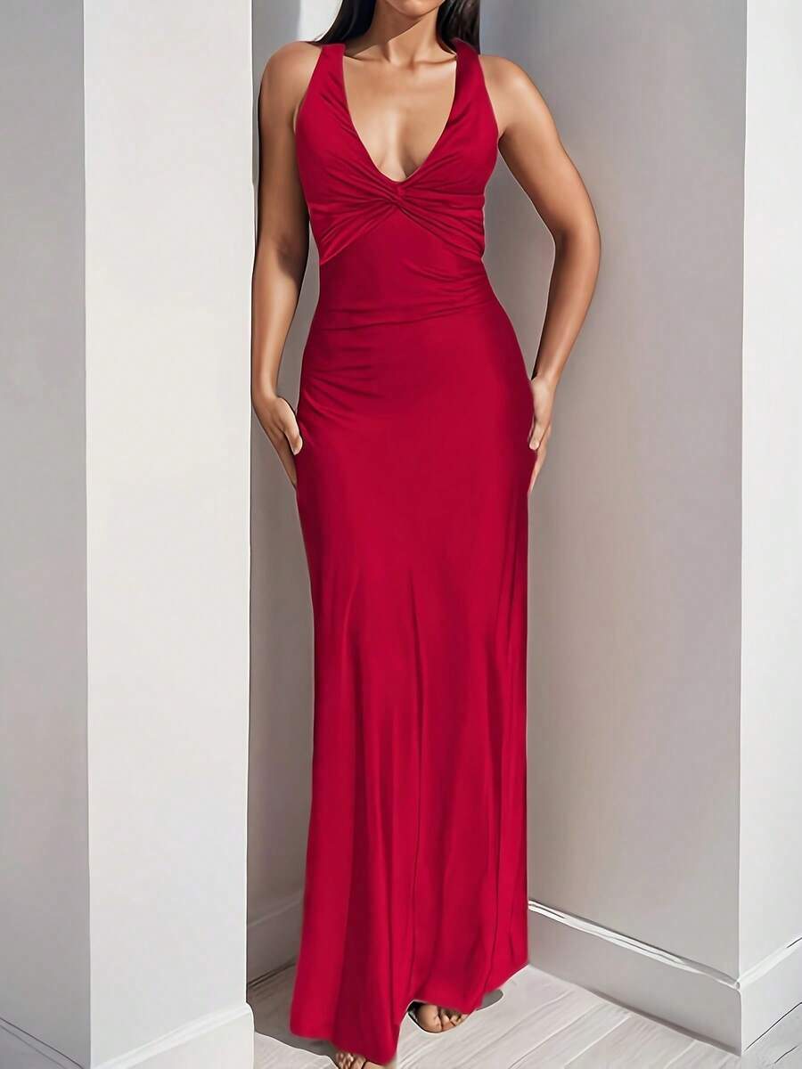 Elegant Sleeveless Slim Fit Dress, Solid Color Fashionable And Sexy V-Neck Satin Dress, Women's Slim Fit Long Dress, Suitable For Spring And Summer Holidays, Banquets, Beach Vacations - Fiery Red - Xem 1