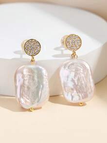 AETOLIA 925 Sterling Silver Baroque Pearl Earrings With Crystal Rhinestones, 14x20mm Rectangular Pearl Drop, Luxury Wedding Party Earrings For Women, Elegant Statement Dangling Ear Jewelry