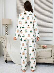 2pcs Women's Winter Pajama Set, Flannel Lined Fluffy Pajamas With Cute Scarf & Bear Pattern, Minimalist & Fashionable Sleepwear, 2 Pieces Set, Fall Clothes