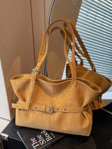 Women's Large Capacity One Shoulder Tote Bag, Strap Decor Retro Bucket Bag, Popular Vintage Solid Color Suede Matte, Suitable For Travel, Shopping, Commuting, Versatile