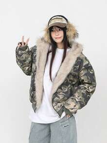 This  Casual, Washed Camouflage Down Jacket Features A Hood, Thick Padding, And A Versatile Design. It's A Versatile Nylon Down Jacket With A Loose Fit And Slim Fit. It's A Versatile, Cut-And-Sew Casual Jacket With A Zipper And Contrasting Faux Fur Accents, Perfect For School Or The Office. - Army Green - View 10