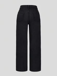 Women's Casual Pocket Straight Leg Jeans - Black - View 5