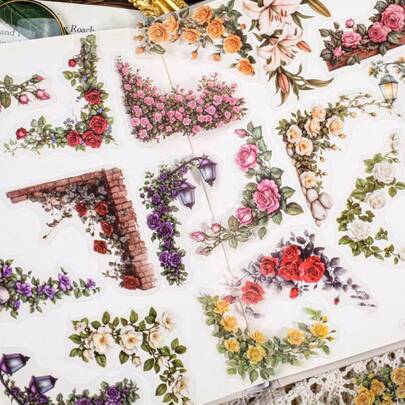 花卉系列角贴，适用于剪贴簿、装饰框、相框、日记边框、自粘贴纸