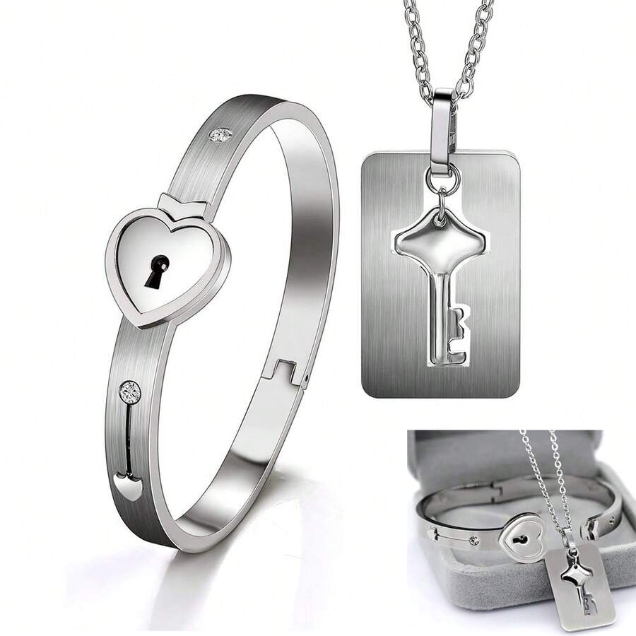 Couple Bracelet Concentric Lock Love Lock Titanium Steel Key Bracelet - Silver - View 1