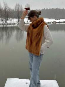 Faux Fur Vest, Solid Color Soft Plush, Autumn/Winter New Arrival - 棕色 - 查看 5