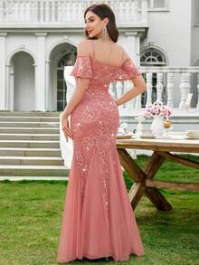 MIUSOL 亮片花卉蕾丝露肩荷叶袖撞色网纱鱼尾晚宴派对长裙，优雅女士派对礼服，正式晚礼服，舞会礼服，适合婚礼宾客、毕业典礼、晚宴、情人节等场合。 - 藕粉色 - 查看 3