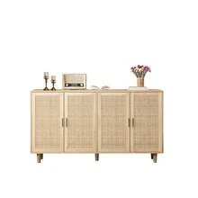 158CM Elegant And Functional 4-Door Rattan Decorative Storage Cabinet For Bedroom, Living Room, Office, Black; 158CM Elegant And Functional 4-Door Rattan Cabinet For Bedroom, Living Room, Office - 天然+刨花板 - 查看 3