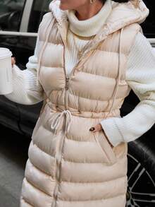 Casual Solid Color Drawstring Waist Sleeveless Hooded Jacket, Versatile For Winter - Beige - View 5