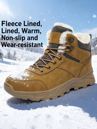 Autumn/Winter New High-Top Thick-Soled Warm Thermal Lined Men's Outdoor Snow Boots, PU Plus Size Men's Boots, Outdoor Hiking Shoes, Comfortable Casual Shoes, Hiking Boots, Outdoor Sports Climbing Boots, Hunting Boots, Trekking Boots, Outdoor Shock-Absorbing Off-Road Boots, Climbing Shoes, Outdoor Adventure Camping Shoes, Thermal Lined Thickened Anti-Slip Durable Black Hiking Boots