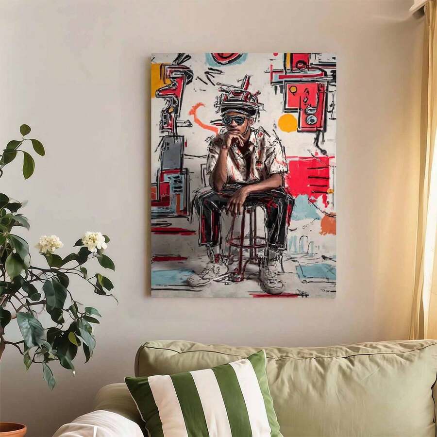 Framed Canvas Poster Print Wall Art 1pc Modern Abstract Portrait Canvas Painting - Jean-Michel Basquiat Inspired Wall Art With Bold Black, Red, White, Blue, Gray - Contemporary Home & Office Decor For Living Room, Bedroom, Cafe - Ideal Christmas, Birthday, Housewarming Gift - Canvas Print Decoration, Geometric Design, Artistic Brushstrokes, Interior Designers - Framed(Framed) - View 1