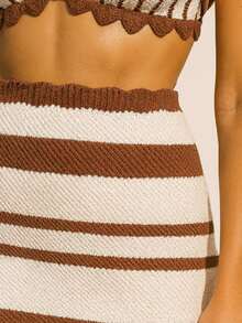 Women's Fashion Two Piece Striped Ribbed Modal Yarn Knit Long Skirt Set Summer 2026 - Rỉ Nâu - Xem 2