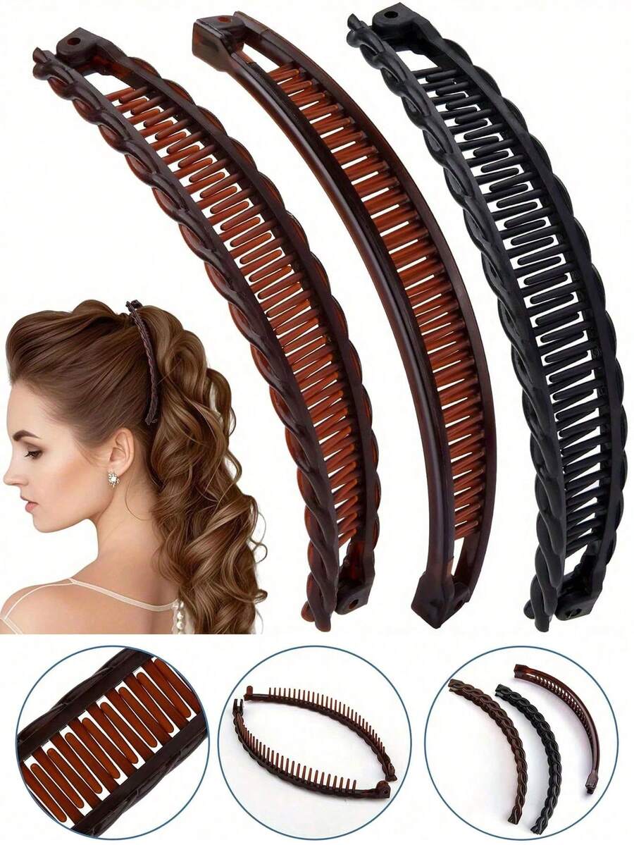 3/2/1pc Women's Large Banana Hair Clips - Vintage Non-Slip Double Comb Claw Clips For Thick, Long, Curly Hair, Secure Hold & Gentle Detangling, Coffee & Black, Christmas Gift, Banana Clips For Hair, Decorative Hairpiece, Retro Style, Sturdy Construction, Holiday Gift ,Hair Styling Tools ,Hair Styling Kit