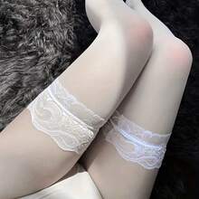 1 Pair Of Black Stockings For Women, Thin White Silk Long Leg Over-The-Knee Socks, Thigh Stockings, Half-Length Pure Desire Lace Fishnet Long Tube Socks