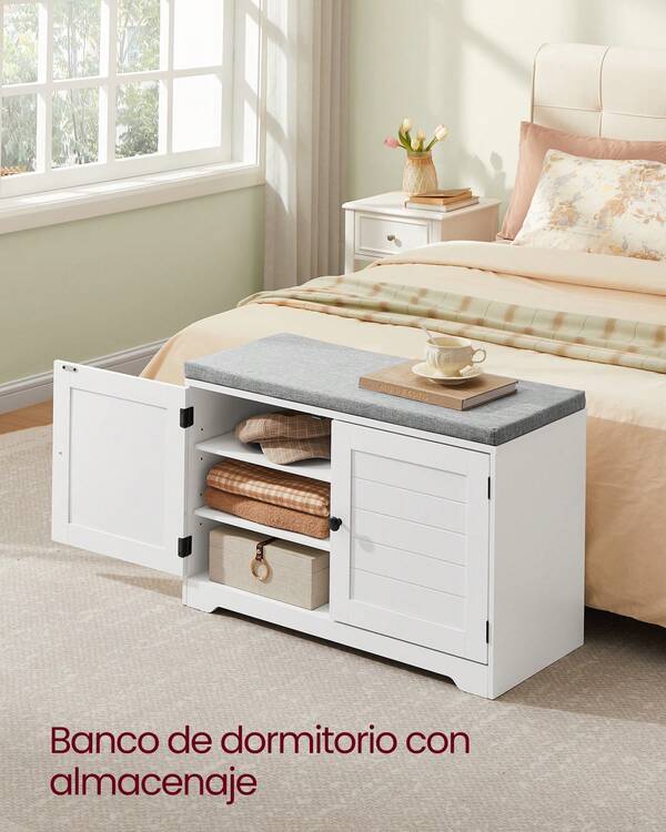 Banco Zapatero de 3 Niveles, con Puertas y Cojín, Estantes Ajustables, 35,5 x 81 x 52,5 cm, para Entrada, Dormitorio, Blanco Nube y Gris Paloma