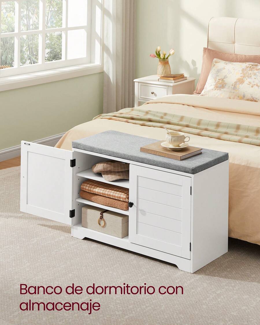 Banco Zapatero de 3 Niveles, con Puertas y Cojín, Estantes Ajustables, 35,5 x 81 x 52,5 cm, para Entrada, Dormitorio, Blanco Nube y Gris Paloma - Blanco - Ver 1