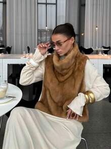 Faux Fur Vest, Solid Color Soft Plush, Autumn/Winter New Arrival - 棕色 - 查看 4