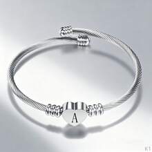 1PC Silver Heart 26 Letter Initial Bracelet-A-Z Stainless Steel Engraved Charm Bracelet, Woman Jewelry For Family & Friends Birthday Festival  Surprise Gift - 銀色 - 查看 1