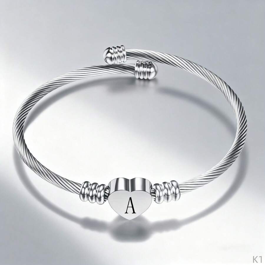 1PC Silver Heart 26 Letter Initial Bracelet-A-Z Stainless Steel Engraved Charm Bracelet, Woman Jewelry For Family & Friends Birthday Festival Surprise Gift - 銀色 - 查看 1