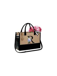 2pcs/Set Women's Beach Tote Bag With Shoulder Strap, Beach Hat And Cosmetic Bag, Personalized Letter A-Z Beach Accessory Bag With Side Pocket, Ideal Gift For Women, Mothers, Teachers, Friends, Bridesmaids, Students, Suitable For Beach Vacation, Outdoor Wedding, Birthday, Holiday, Large Capacity For Weekend Getaway - Multicolor - View 19