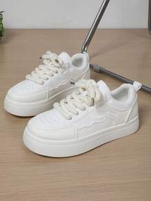 1 双青少年厚底白色运动鞋，时尚链条脚踝装饰，透气防滑耐用设计，舒适休闲百搭风格，适合日常穿着和校园活动 - 白色 - 查看 7