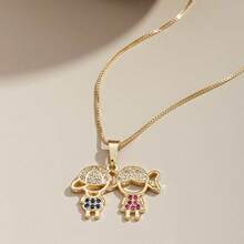 Delicate Women's Necklace With Children's, Boy's And Girl's Pendants, Plated In 18K Gold And 925 Silver With Zirconias - 1 menino 1 menina(Ouro) - 查看 2