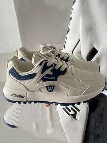 Zapatillas deportivas de mujer con cordones, puntera redondeada y bloques de color, calzado deportivo informal Zapatillas de tenis para mujer, suela plana antideslizante - Azul - Ver 4