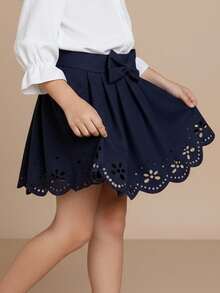 SHEIN 海军蓝时尚可爱蝴蝶结装饰百褶裙，适合年轻女孩，适合休闲优雅的日常穿着 - 藏蓝色 - 查看 2