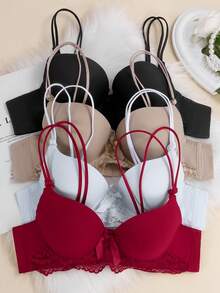 Pack x4 Brasieres Push-Up 3/4 Copa - Ajuste de 3 Niveles, Tirantes Regulables con Lazo, Colores Sólidos Elegantes - Lencería Diaria Cómoda,Nude, Negro, Blanco, Morado - Negro+Blanco+Desnudo+Burdeos - Ver 5