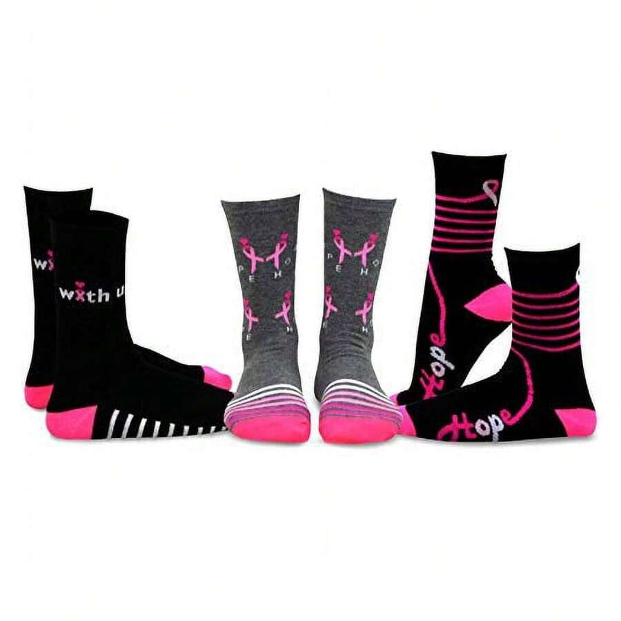 Breast Cancer Awareness Socks Women 3 Pairs Pack - Pink Ribbon Crew Socks - Comfortable Cotton- Support A Cause - Gifts For Her - 如圖698 - 查看 1