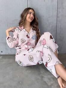 SANRIO 2件套Hello Kitty女士翻领纽扣长袖印花衬衫睡衣+松紧腰长裤可爱睡衣套装，秋冬服装 - 粉色 - 查看 2