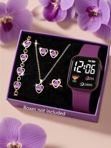 Bộ 6 món gồm đồng hồ điện tử hình trái tim LED dễ thương, dây đeo silicon, kèm vòng tay, dây chuyền, nhẫn và bông tai. Thích hợp làm quà tặng, đi học, lễ tốt nghiệp, cho học sinh, tựu trường, tiệc tùng, du lịch, sinh nhật, và là món quà hoàn hảo cho các bé gái. - Nhiều màu - Xem 8