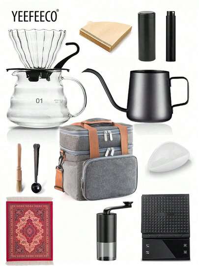 yeefeeco 4/13件套咖啡套装，露营咖啡套装，1-2杯，用于露营，家庭晚餐，派对和节日礼物，咖啡配件，挂耳咖啡壶套装，电子秤，研磨机，滤纸，沙特国庆节礼物