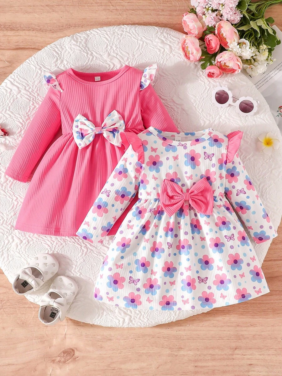 2 Stücke/Set Baby Mädchen Blume Muster Langarm Kleid mit Schleife, eleganter College-Stil