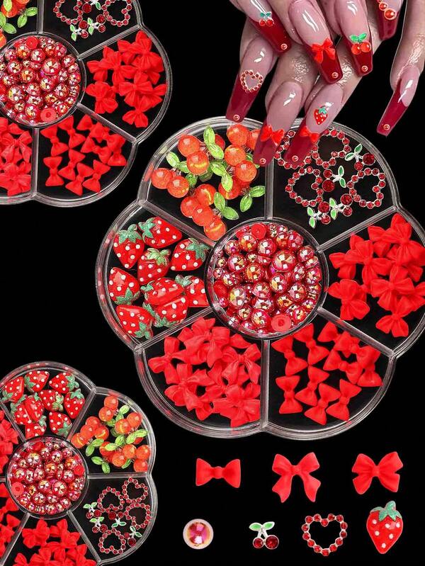 3D Strawberry Cherry Nail Charms Kit,Red AB Flatback Pearl Nail Bow Nail Heart Cute Kawaii Nail Art Decor For DIY Artistic Creation And Make Up