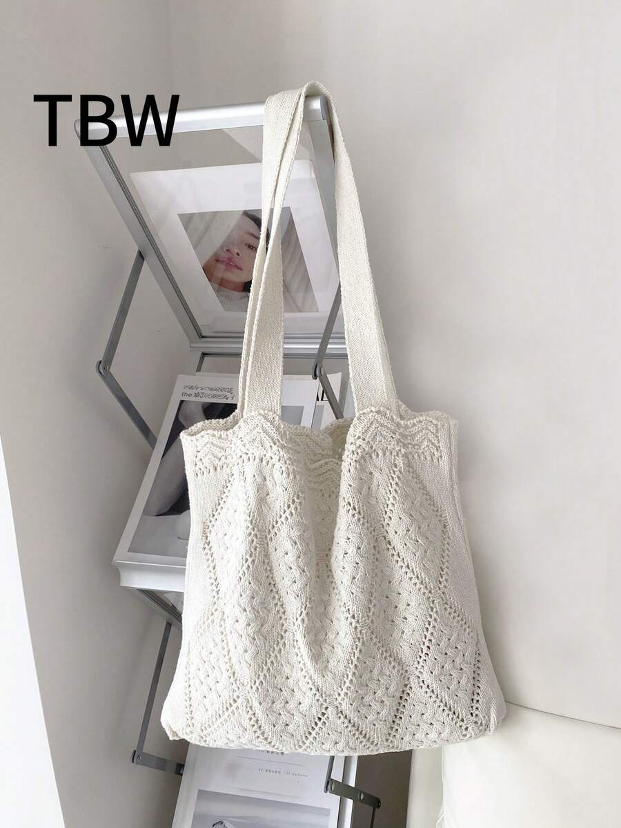 Women's Crocheted Tote Bag, Hollow Solid Color, Vacation Style For Going Out Shopping. - Beige - View 1