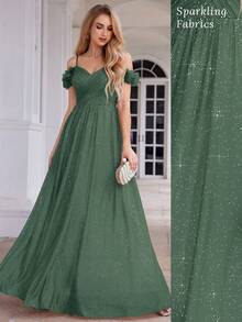 橄榄绿露肩吊带伴娘礼服，优雅正式晚礼服