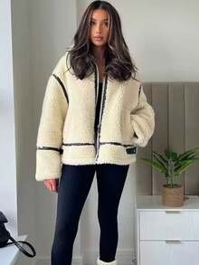 女士优雅拼接保暖外套，休闲立领拉链街头风外套，带口袋，长袖，2025冬季款 - 白色 - 查看 8