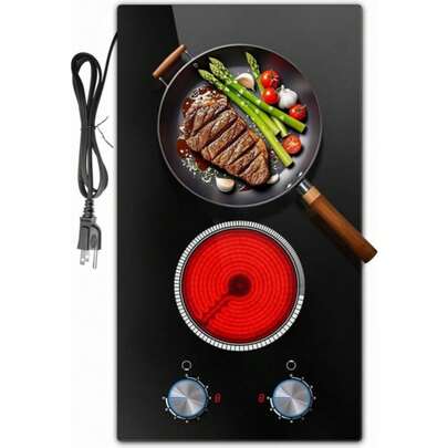 Karinear 2 Burner Electric Cooktop, 12 Inch Electric Stove Top, 120V Stove Top Burner Knob Control, 2000W Countertop Stove With Timer, 9 Heating Levels, Overheat Protection, High-Temp Alarm Pladeca