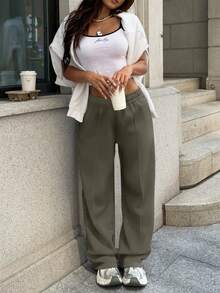 Sulojter Casual Loose Solid Color Elastic Waist Sweatpants - Khaki - View 2