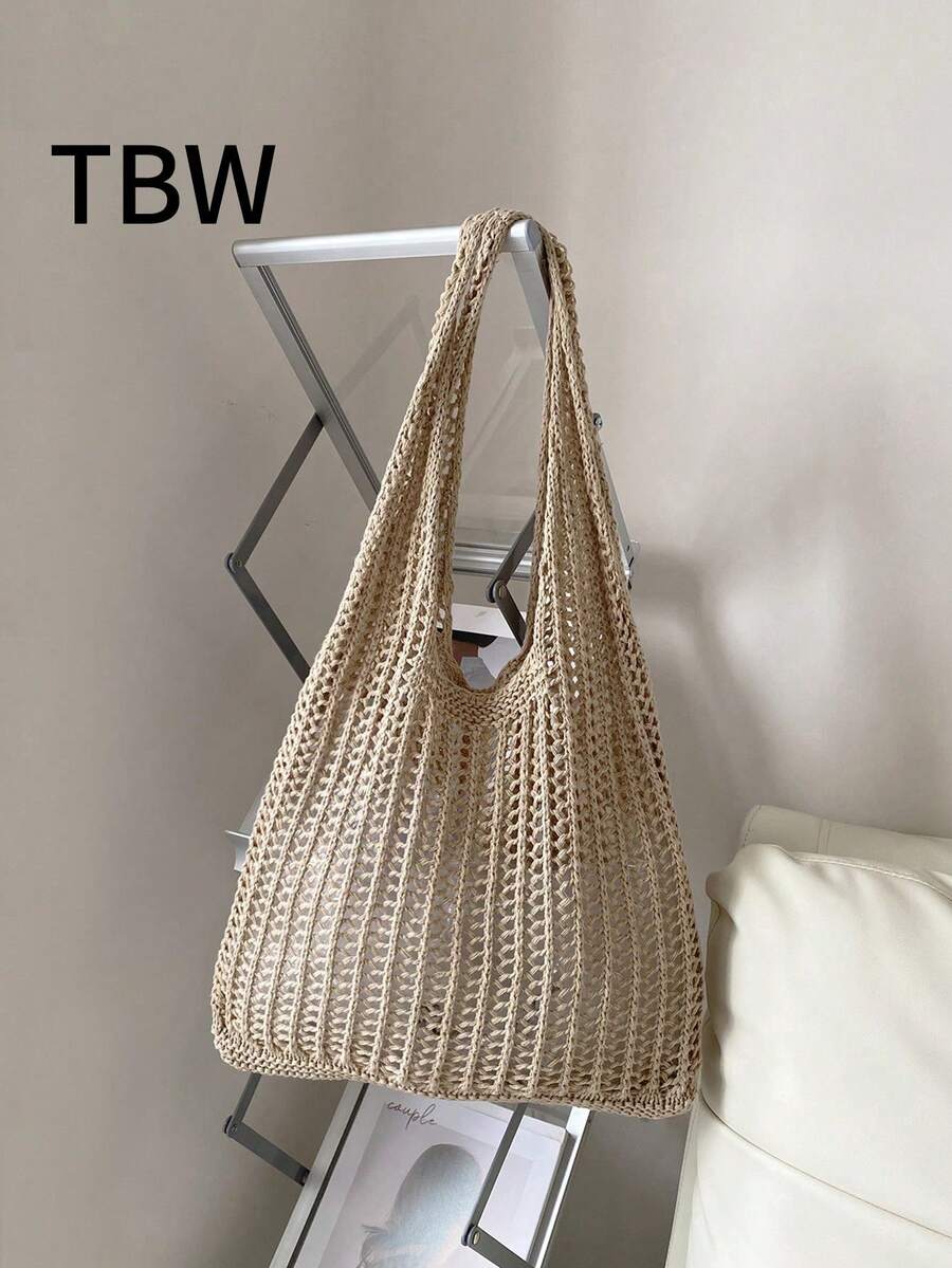 Women's Square Shoulder Tote Bag, Knitted Large Capacity Shopping Bag, Vacation Style Beach Minimalist Design, Suitable For Outings, Crochet Bags - Camel - View 1