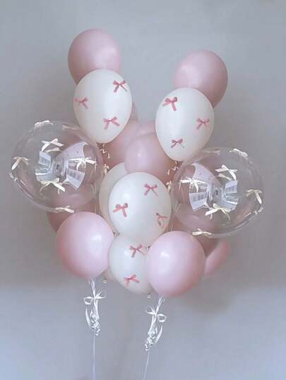 57/112pcs Pink & White Bow Balloon Set, Includes Clear Bubble Balloons, Pink & White Ribbons And Glue, Essential Party Decorations For Birthday, Anniversary, Wedding, Valentine's Day, Mother's Day, Christmas, Home Christmas Gifts, Christmas Decorations